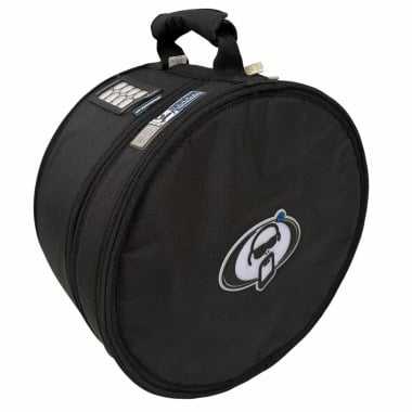 Black snare drum case with handle and logo for drum protection.