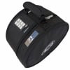 Black snare drum case with handle and zippers for drum protection.