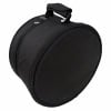 Black round snare drum case with handle for protection and transport.