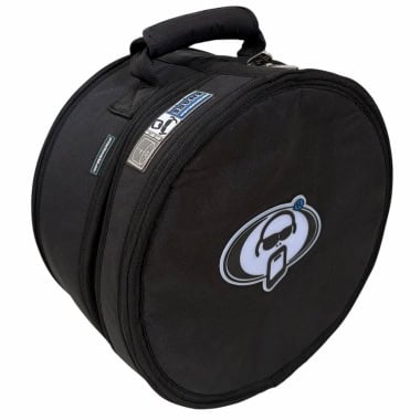 Black snare drum case with logo for drum protection and transport.