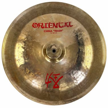 16-inch Oriental China Trash cymbal for drummers, gold finish with red logo.