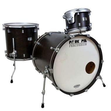 Black satin Pork Pie 3-piece drum kit with bass, toms, and snare drums.