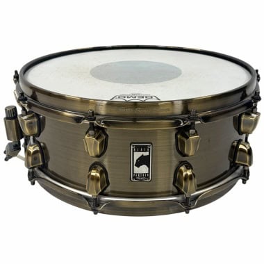 Mapex Brass Cat 14x5.5in snare drum with gold hardware and black finish.