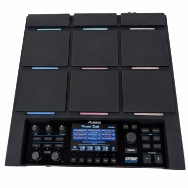 Alesis Strike Multipad electronic drum pad with control panel and mounting arm.