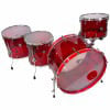 Red acrylic drum set with four drums and bass drum for children or beginners.