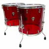 Red acrylic drum shells with chrome hardware for professional drumming.
