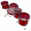 Red acrylic drum set with four shells and hardware for professional drumming.
