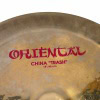 Close-up of Zildjian Oriental 18in China Trash Cymbal with red text.