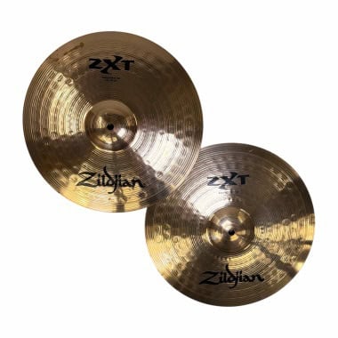 Pair of Zildjian ZXT 14-inch solid hi-hat cymbals for drumming.