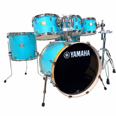 Blue Yamaha Stage Custom Birch 6-piece drum kit with hardware.