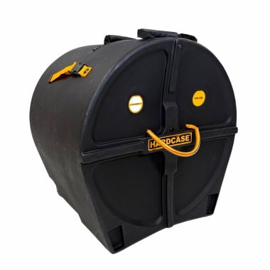 Durable black 18-inch bass drum case with yellow handle and lock.