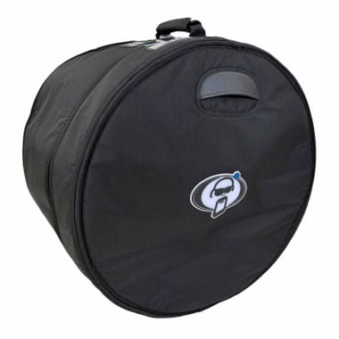 Black bass drum case with handle and logo for drum protection.