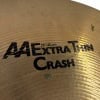 Close-up of Sabian AA 18in Extra Thin Crash cymbal with logo and surface details.