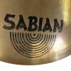 Close-up of Sabian AAX 20in stage ride cymbal with logo and concentric circle design.