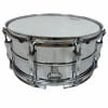 Chrome steel snare drum with metal hardware and white drumhead.
