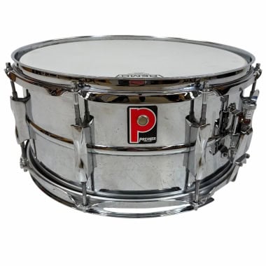 Chrome over steel snare drum with Premier logo and hardware.