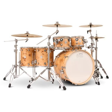 DW Design Series drum kit with natural wood finish and chrome hardware.