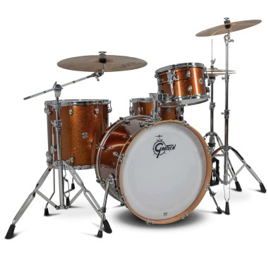 Brown Gretsch drum set with cymbals and stands for drummers.