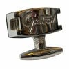 Close-up of Gretsch drum tom bracket with logo and mounting screw.