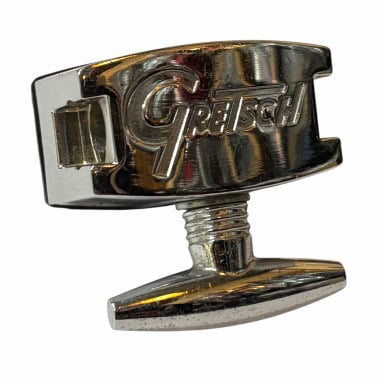 Close-up of Gretsch drum tom bracket with logo and mounting screw.