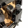 Close-up of Mapex Black Panther snare drum hardware and tension knob.