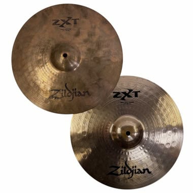 Pair of Zildjian ZXT 14-inch solid hi-hat cymbals for drumming.
