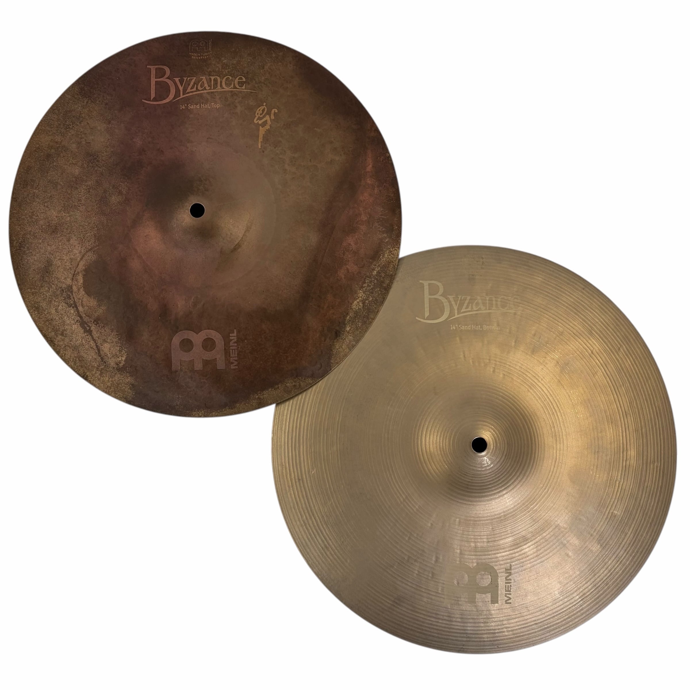 Pair of Meinl Byzance Vintage 14-inch sand hi-hat cymbals for drumming.