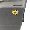 Close-up of a bass drum case with UK flag sticker and 22B label.