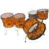 Orange Ludwig Vistalite drum set with chrome hardware and clear heads.