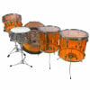 Orange Ludwig Vistalite drum set with chrome hardware.