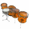 Ludwig Vistalite orange 5-piece drum shell set with stands.