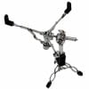 Drum snare stand with chrome finish and black feet on a white background.