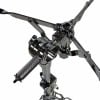 Chromed snare drum stand with adjustable arms and securing clamp.