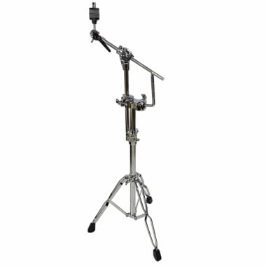 Drummer's stand with cymbal arm on a chrome stand for percussion setup.