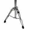 Chrome drum stand legs support hub for cymbal setup.