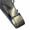 Close-up of a drum pedal mechanism featuring blue clamping parts and metal finish.