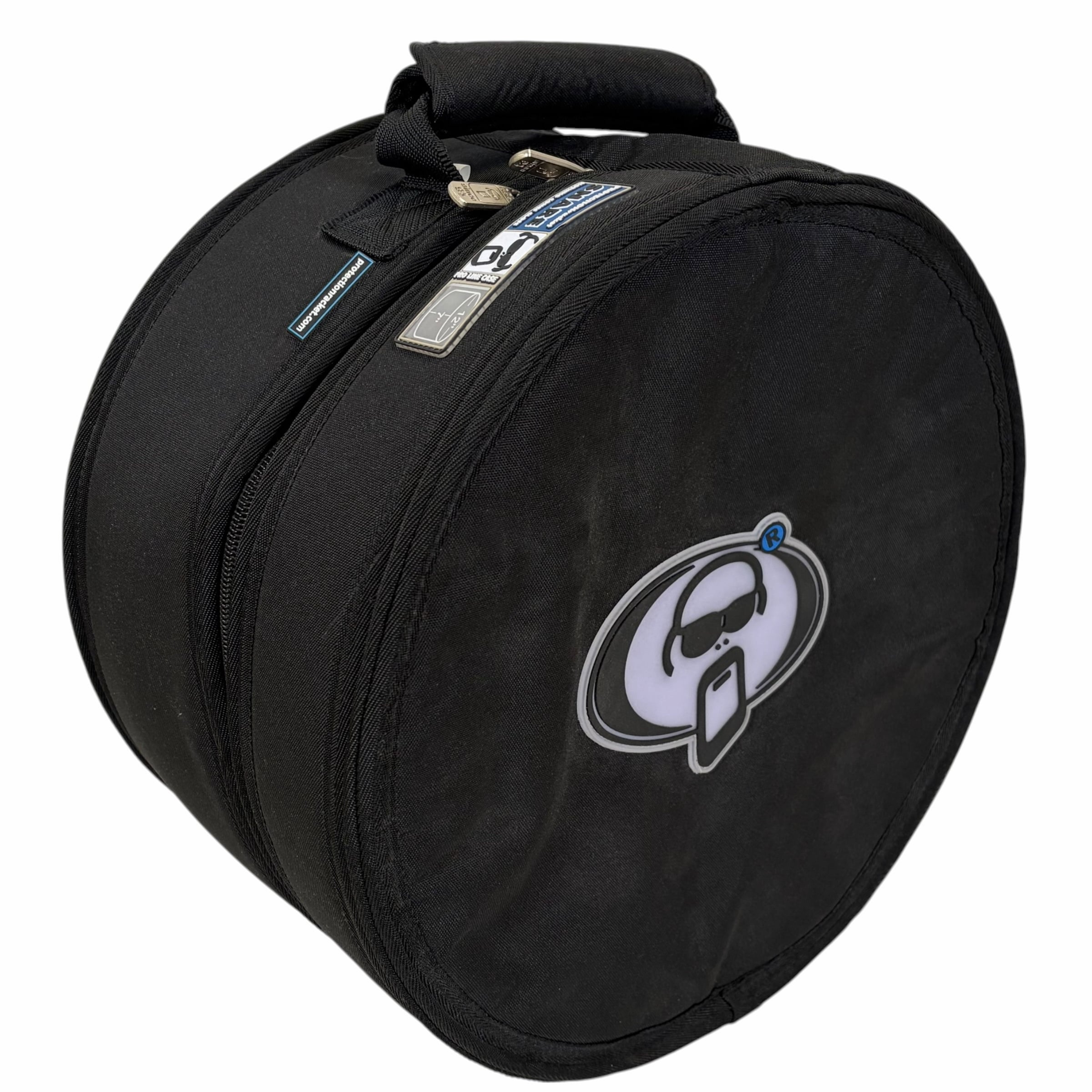 Round black drum snare case with Drummers Only logo and handles.