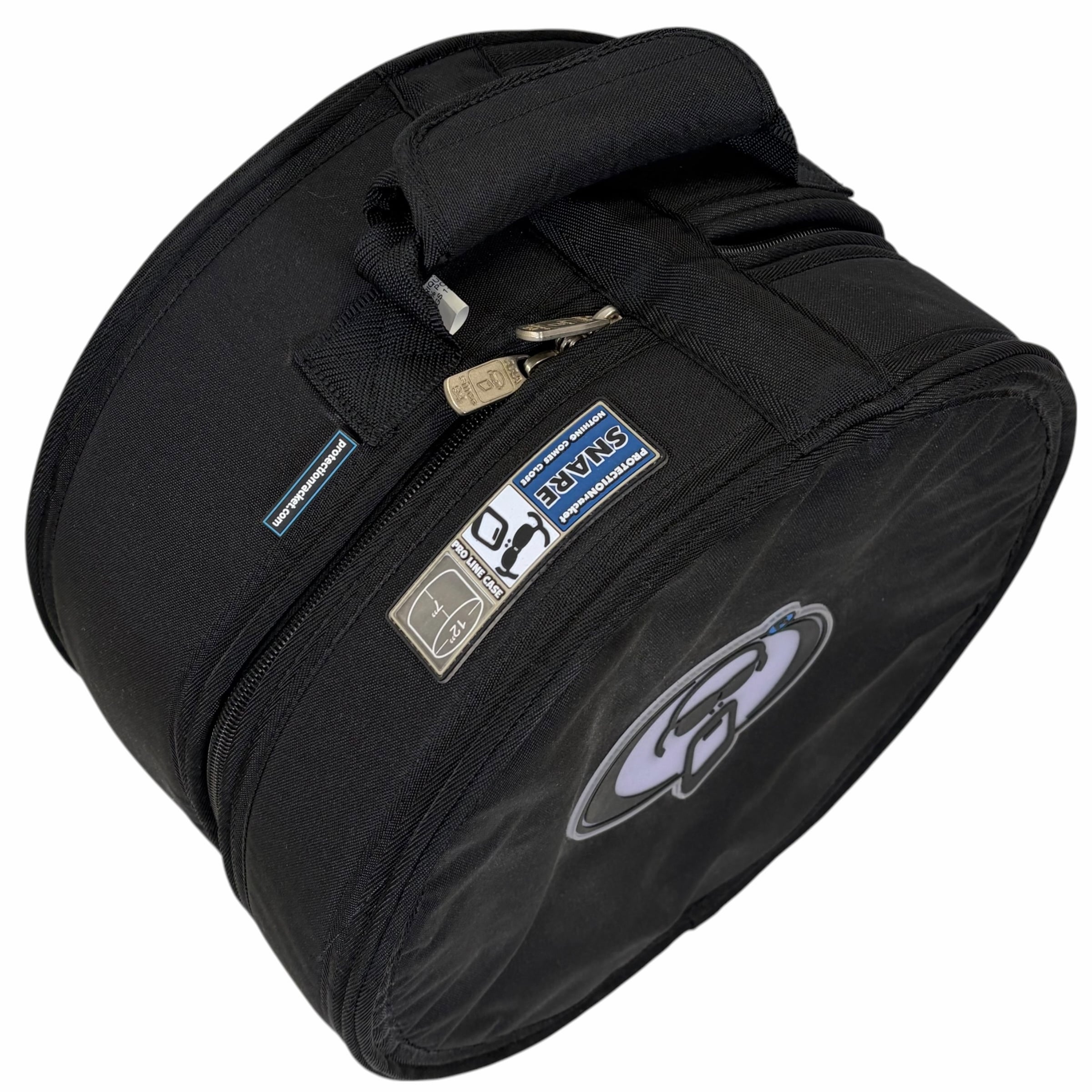 Drummers Only round black snare drum case with logo and zipper.
