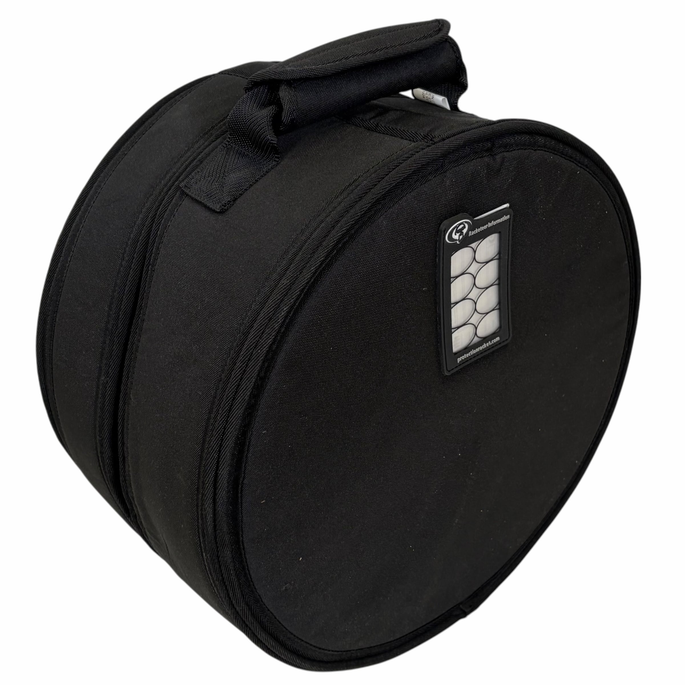 Drummers Only round snare drum case with handle and zip closure.