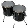Black Gretsch Renown maple toms with chrome hardware on stands.