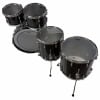 Black drum kit parts set, front view shows shell drums with stands.