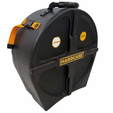 Hardcase 14in snare case with yellow handle strap and rugged black shell.