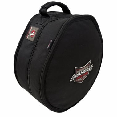 Drummers Only round black snare drum case with head logo and handle.