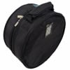 Black round snare drum case with dual zippers and handle.