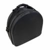 Black round drum snare case with handle and strap.