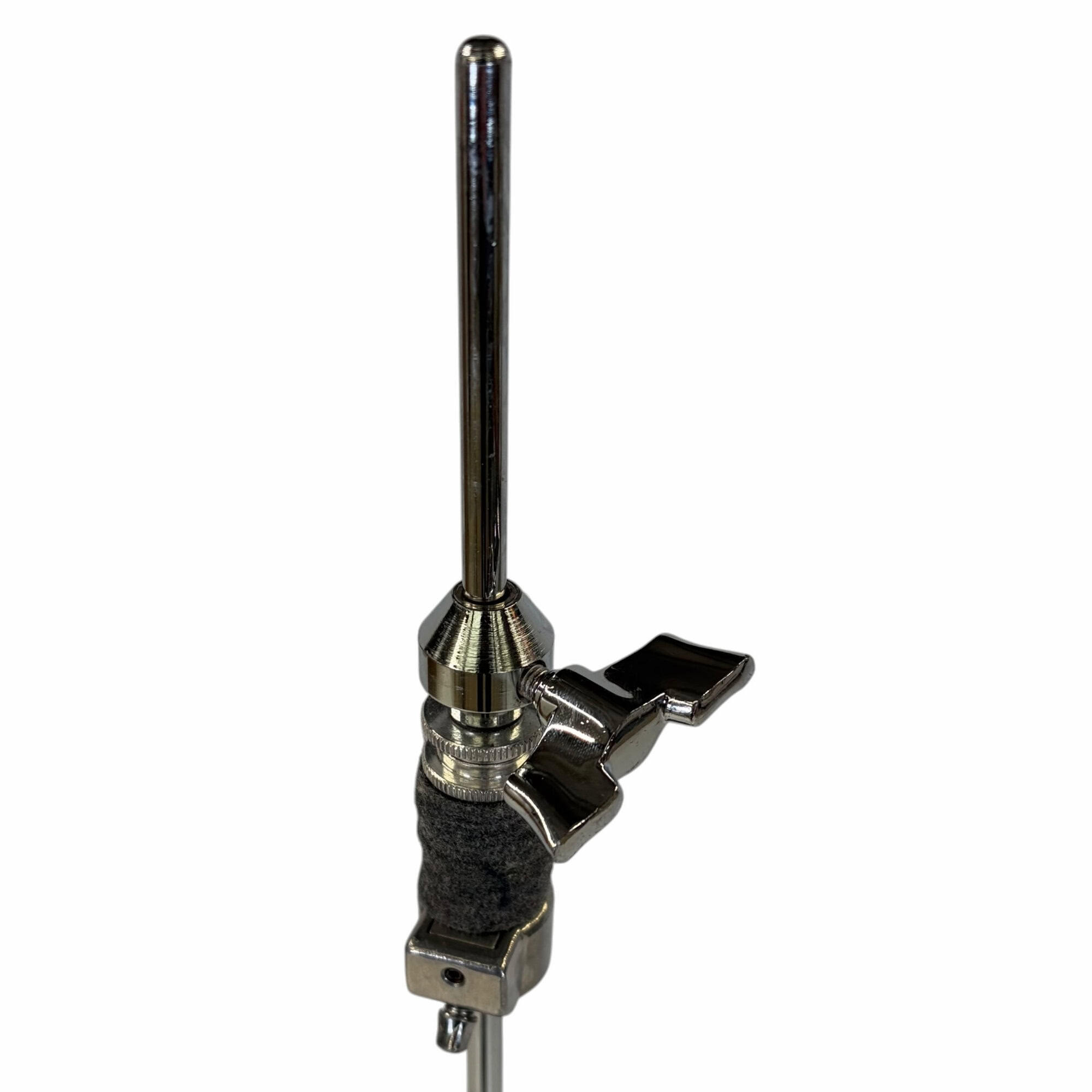 Hi-hat stand leg and clamp hardware on drum kit.