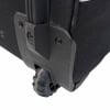 Close-up of rugged wheel and corner hardware on drum hardware case for transport.