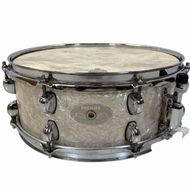 Premier Birch snare drum with pearl finish and chrome hardware.