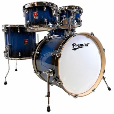 Premier birch drum kit in cobalt blue with chrome hardware and white batter head.