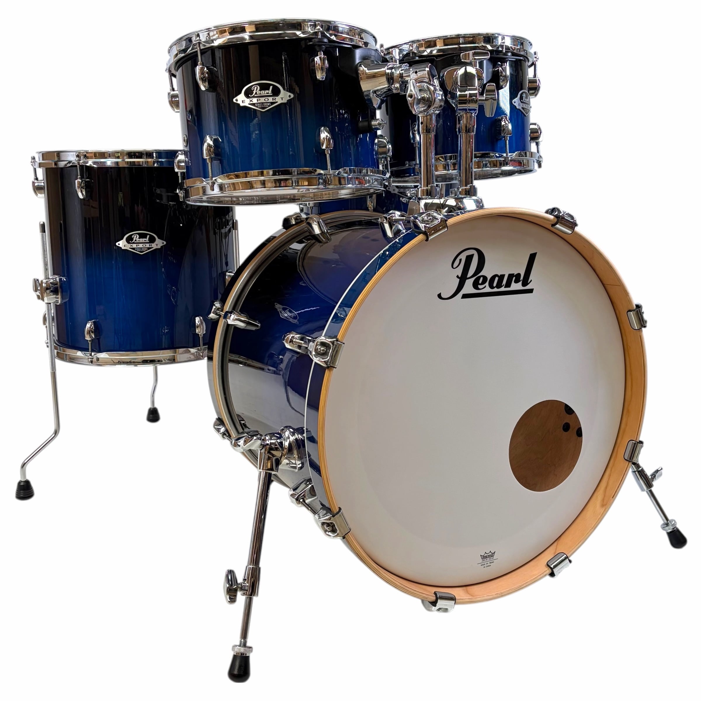 Blue Pearl Export drum kit with bass drum front view.